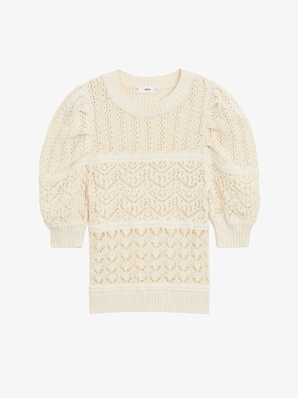Mango NWT size S Womens Cream Lace-Knit Short Sleeve Sweater